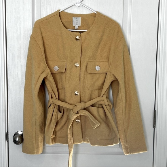 NWOT Joie Belted Double Breasted Evening Jacket Yellow Patch Pockets Size L - Picture 1 of 13